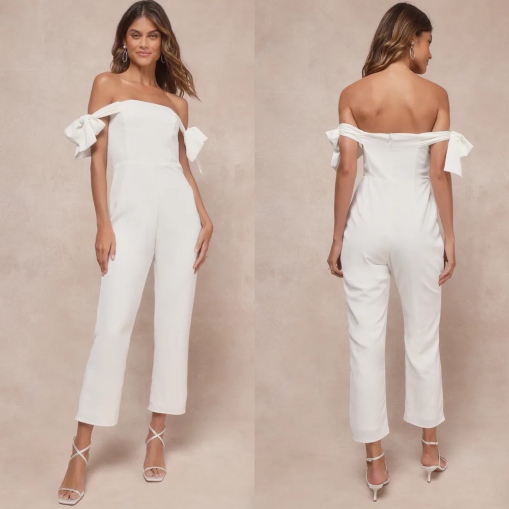 LULUS Luxe Behavior White Off-the-Shoulder Tie-Strap Cropped Jumpsuit Sz XL NWT - Picture 1 of 12